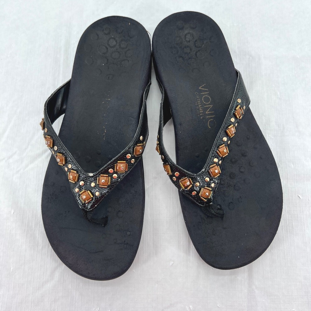 Vionic Orthaheel Black Embellished Gem Flip Flop Sandals Womens 7 340FLORENCE